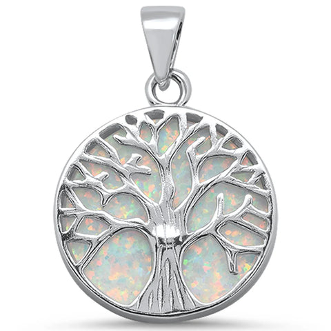 Round White Opal Tree Of Life Design .925 Sterling Silver Pendant