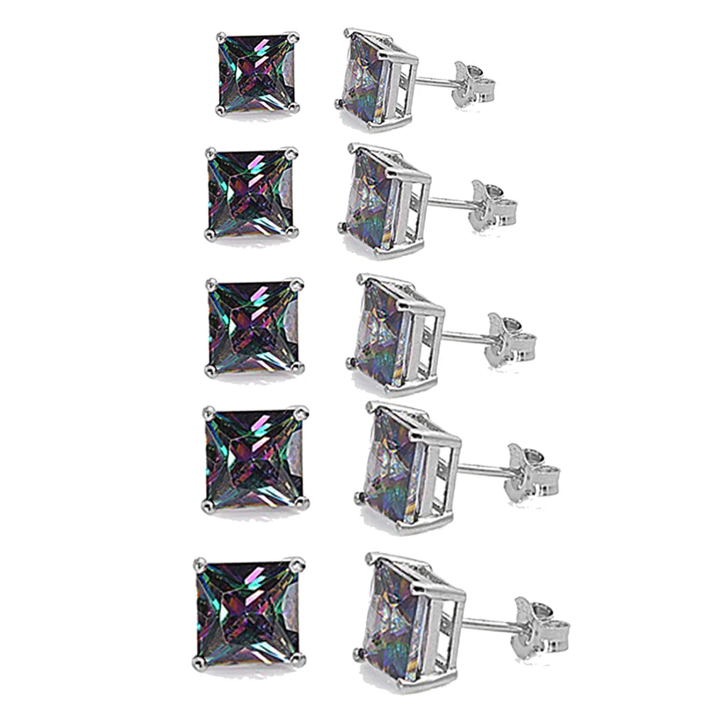 Square Rainbow Topaz Cubic Zirconia Casting Stud .925 Sterling Silver Earrings 2MM-10MM Available