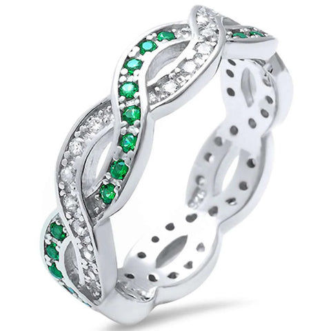 Green Emerald & Cubic Zirconia Infinity Band .925 Sterling Silver Ring Sizes 4-11