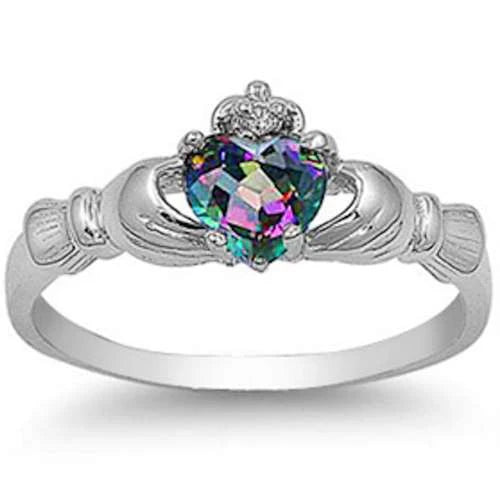 Rainbow Topaz Heart Claddagh Ring .925 Sterling Silver Sizes 3-12