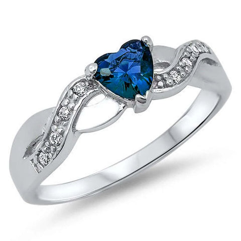 Blue Sapphire Heart & Cubic Zirconia Infinity Band .925 Sterling Silver Ring Sizes 4-5,11