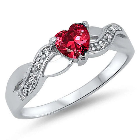 Ruby Heart & Cubic Zirconia Heart Infinity Band .925 Sterling Silver Ring Sizes 4-11