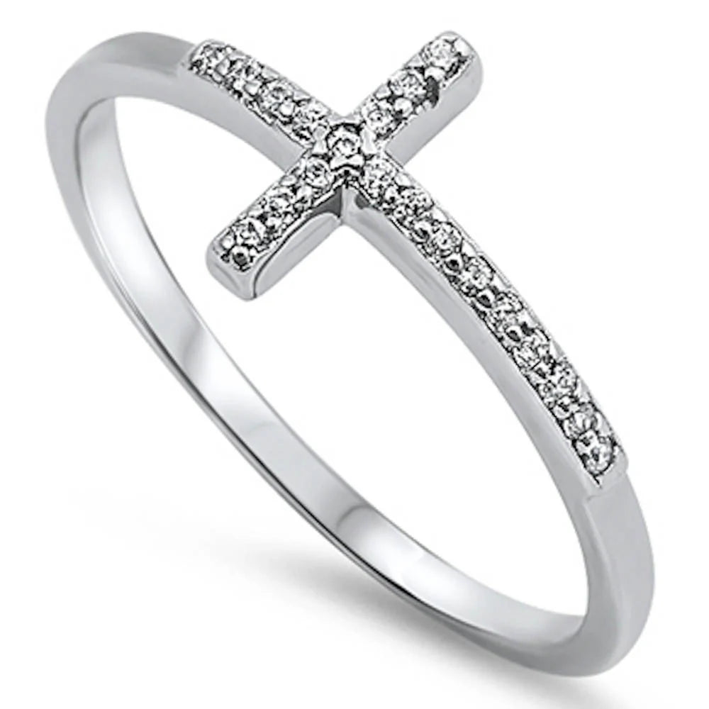 Hot Trend Sideways Cross Cz .925 Sterling Silver Ring Sizes 4-12