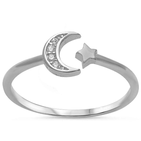 Cz Crescent Moon & Star .925 Sterling Silver Ring Sizes 7-11