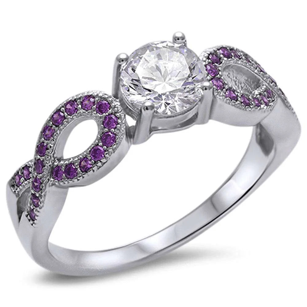 Cz Solitaire & Amethyst Infinity Style .925 Sterling Silver Ring Sizes 5, 6, 9