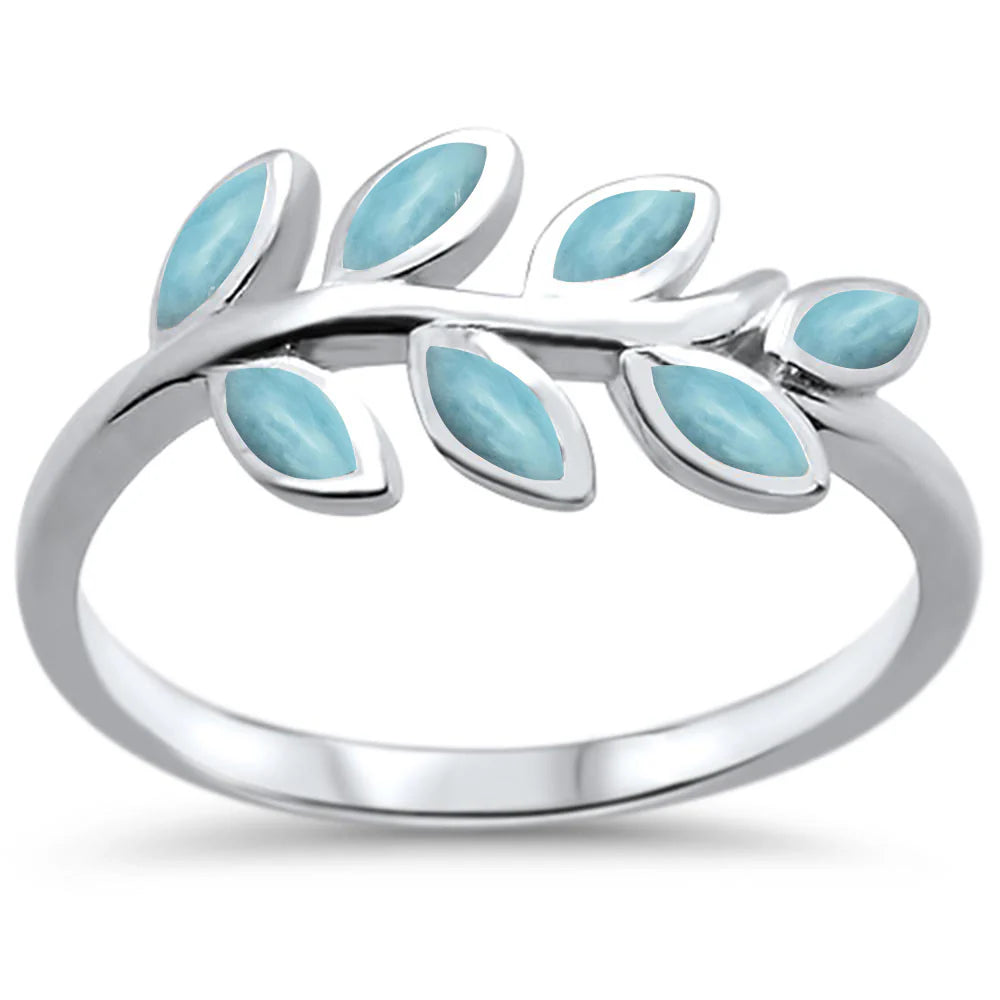 Natural Larimar Olive Branch Leaf Design .925 Sterling Silver Ring