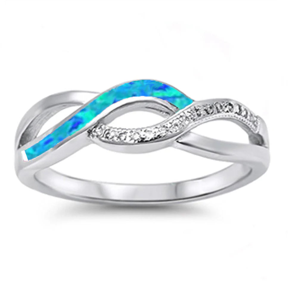 Blue Opal & Cz Infinity Style .925 Sterling Silver Ring