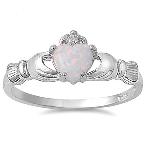 White Opal Heart Claddagh Ring .925 Sterling Silver Sizes 3-13