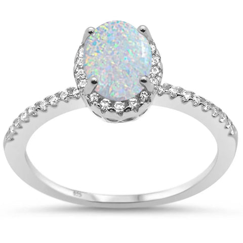 Oval White Opal Halo Cubic Zirconia .925 Sterling Silver Ring Sizes 4-12