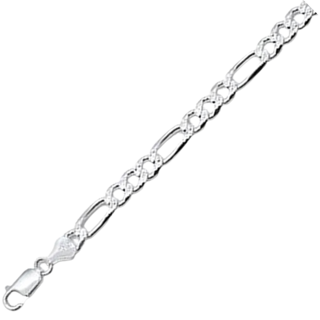 120-5MM Pave Figaro Chain .925 Solid Sterling Silver Available In 7"- 26" Inches