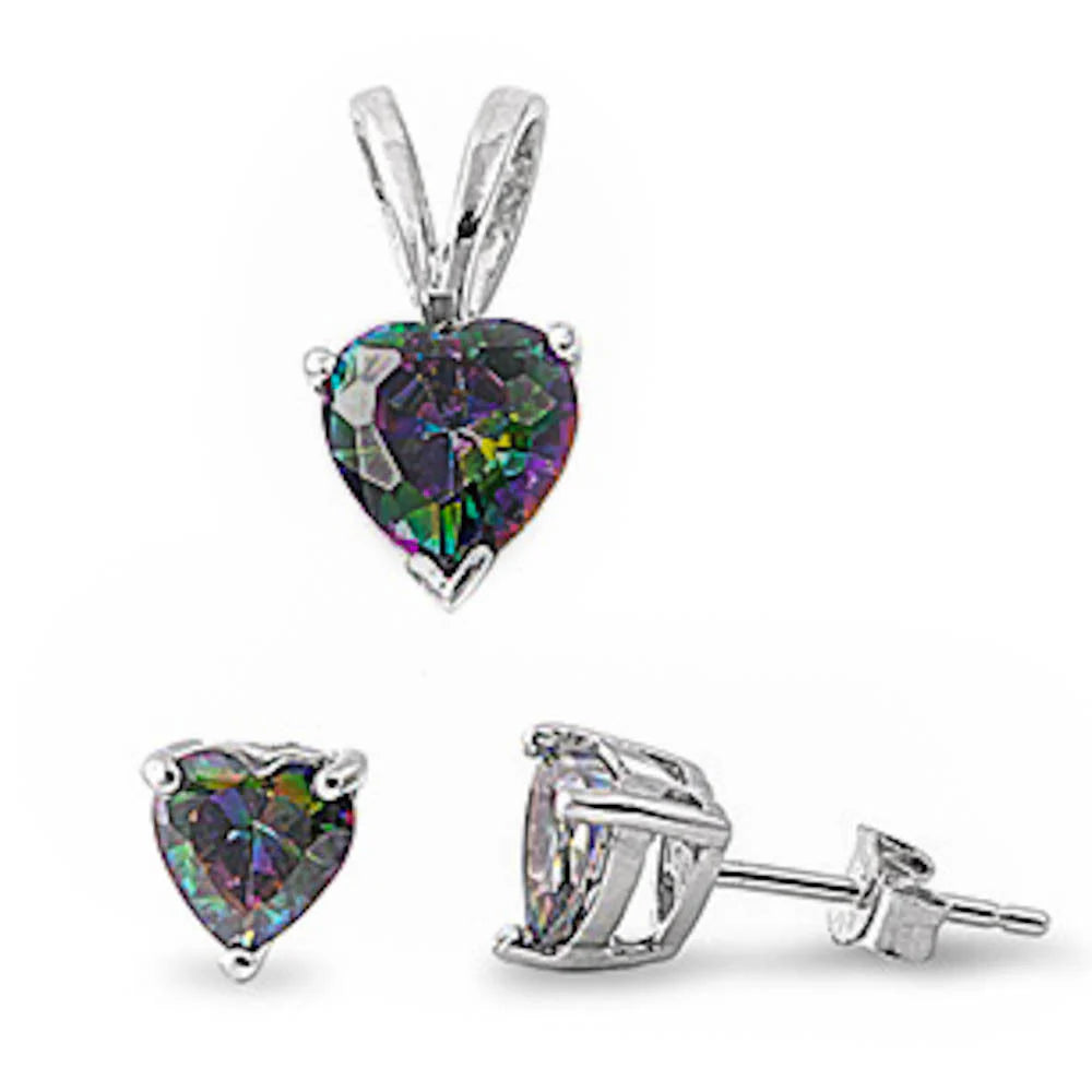 Rainbow Cz Heart Pendant & Earrings Set .925 Sterling Silver