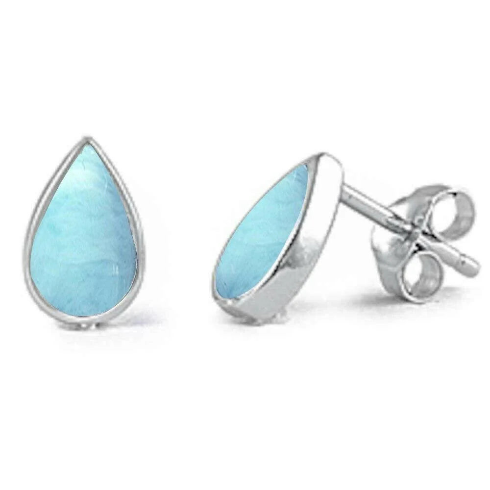 Teardrop Natural Larimar Stud .925 Sterling Silver Earrings