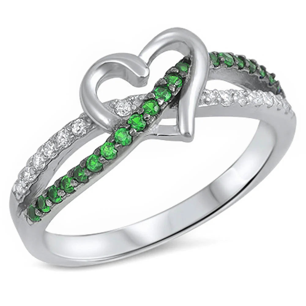 Green Emerald Infinity Twist With Heart .925 Sterling Silver Ring Sizes 4-5, 8-9