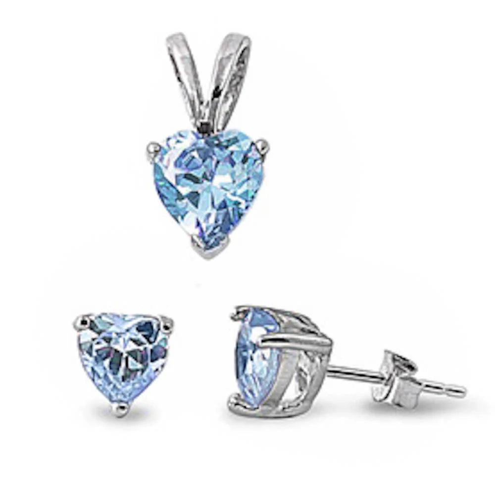 Aquamarine Heart Pendant & Earrings Set .925 Sterling Silver