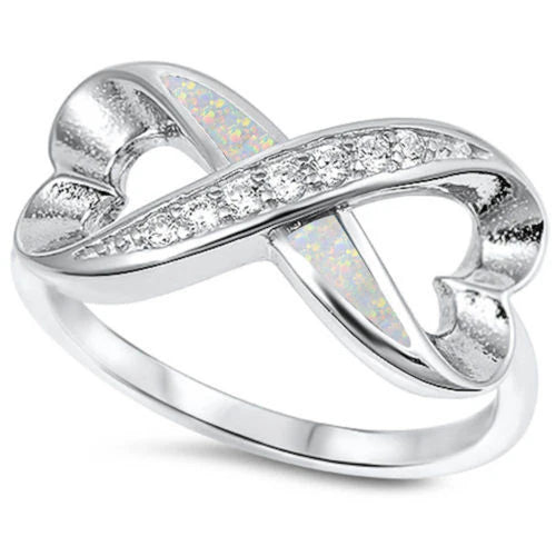 White Opal & Cz Heart Shape Infinity .925 Sterling Silver Ring Sizes 5-6,8-10