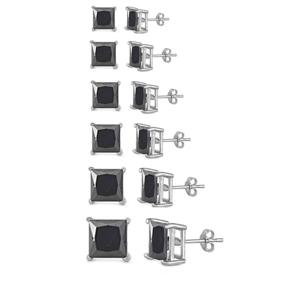 Black Cubic Zirconia Casting Princess Stud Earrings Push Back .925 Sterling Silver Sizes 2-10mm